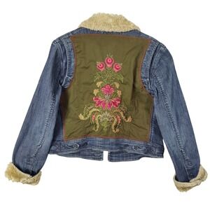 Tommy Hilfiger Women Cottagecore Embroider Trucker Denim Jacket M Blue Faux Fur